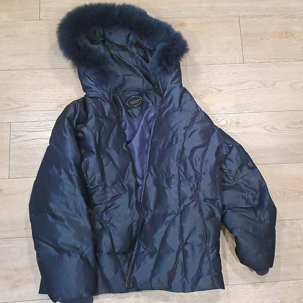 1 MADISON Women's Dyed Genuine Fox Fur Trim Down Puffer Jacket Hood Zip Size 4